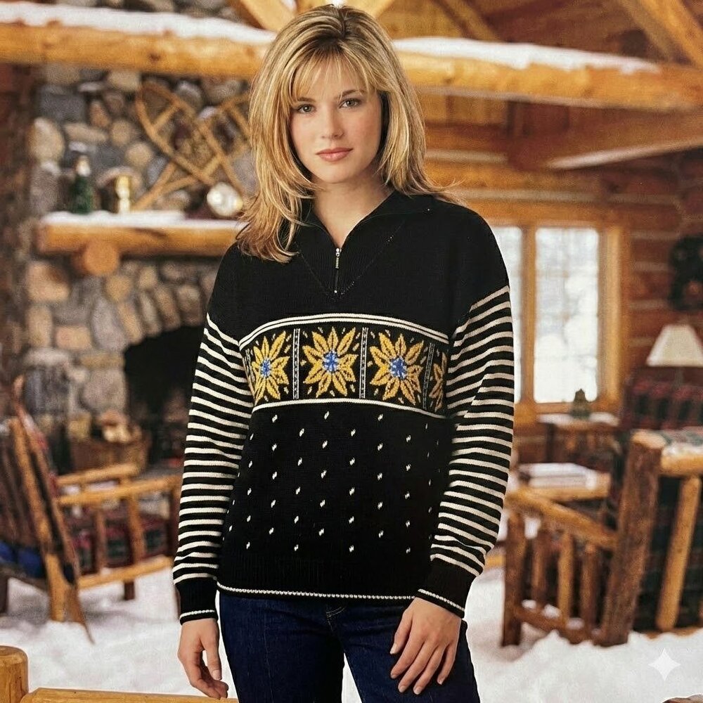 Vintage 90s Demetre Black Wool Sweater Sunflower Knit Grunge Après Ski Boho Med